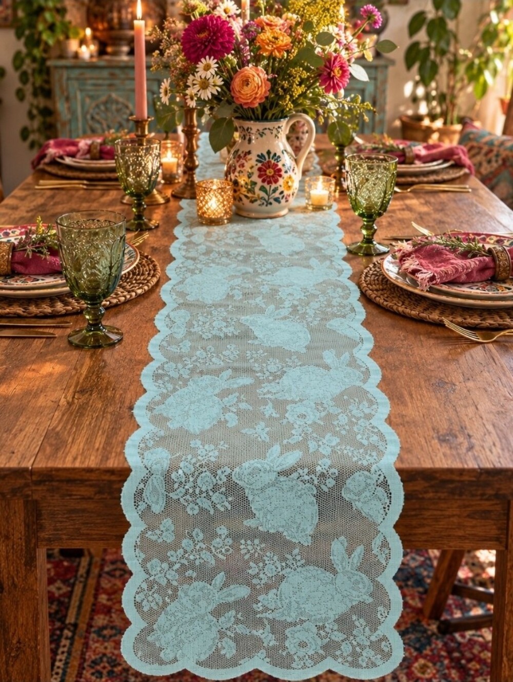 4/$15 76" Blue Floral Lace Table Runner | Vintage Cottagecore Romantic Tablescap